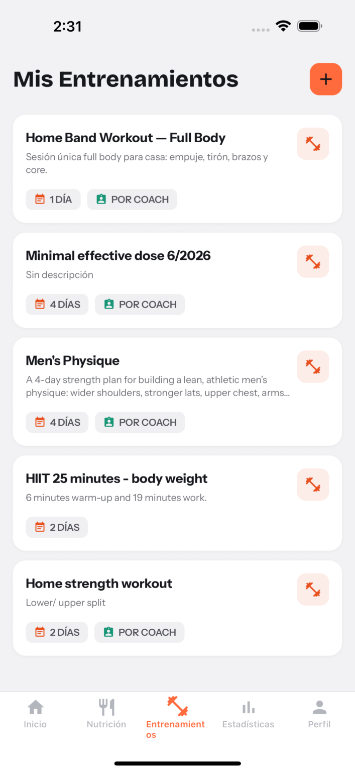 Lista Mis entrenamientos de Plyox con planes de entrenamiento marcados como Del coach