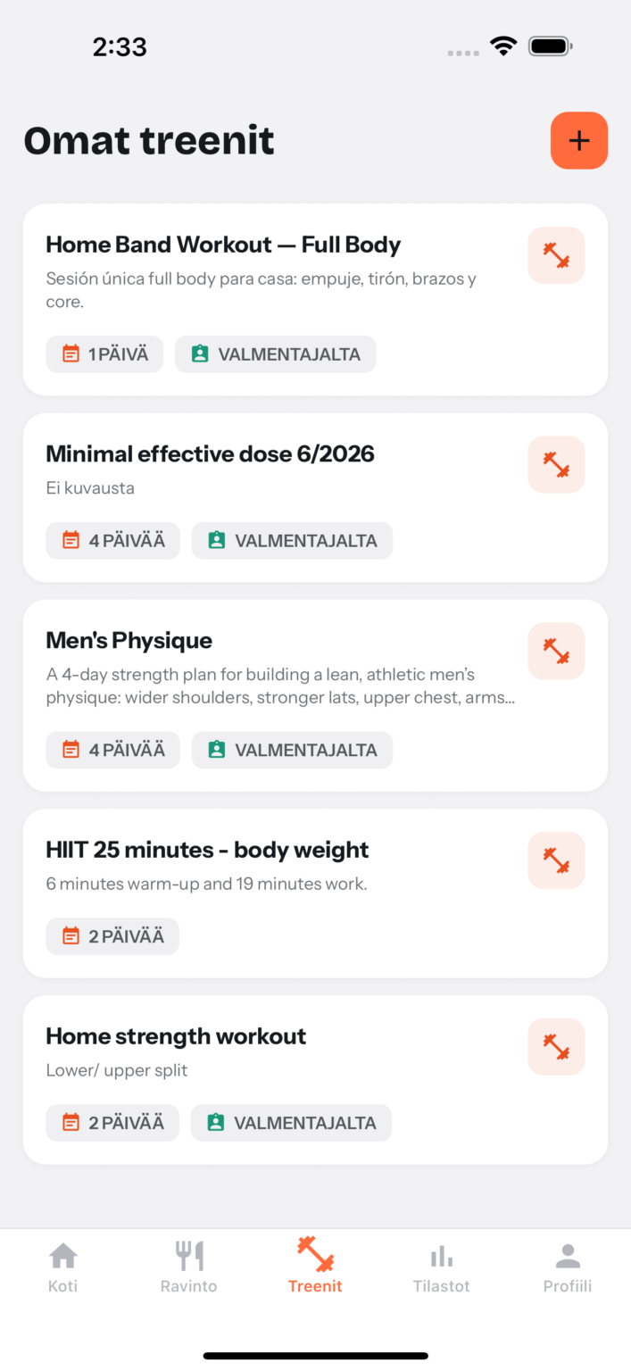 Plyoxin Omat treenit -lista, jossa valmentajan merkitsemät harjoitusohjelmat