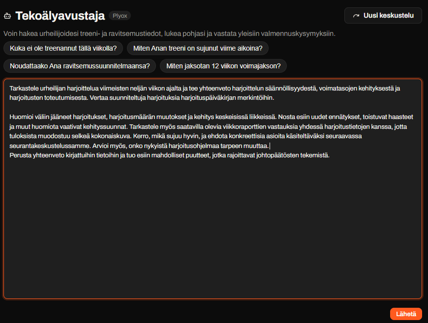 Plyoxin tekoälyavustajalle kirjoitettu pyyntö tarkastella urheilijan harjoittelua ja kehitystä.