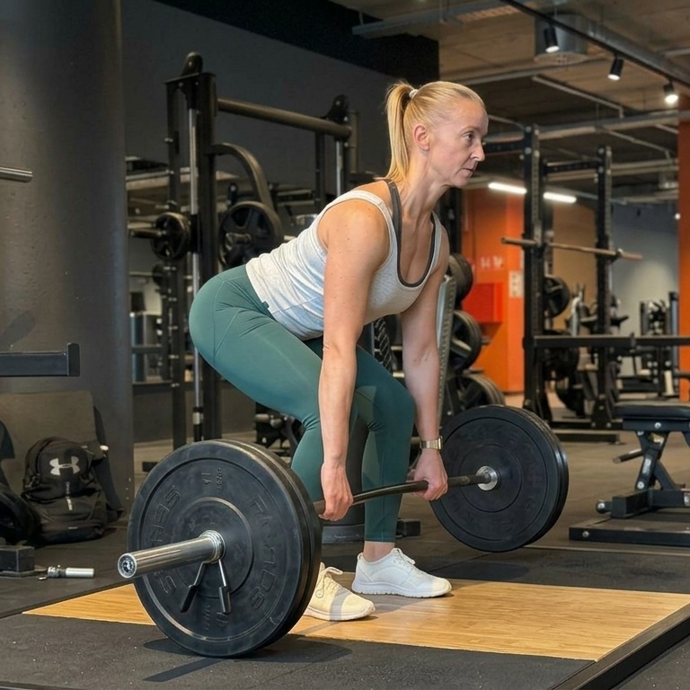 Atleta realizando un peso muerto con barra en un gimnasio con detalles naranjas.